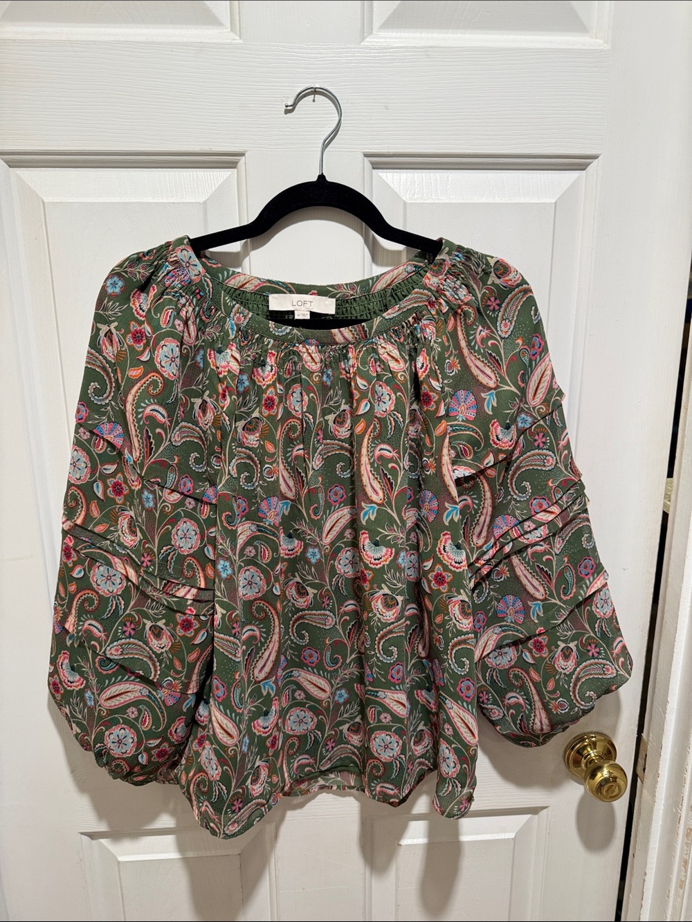 LOFT Olive Paisley Tiered Ruffle-Sleeve Blouse